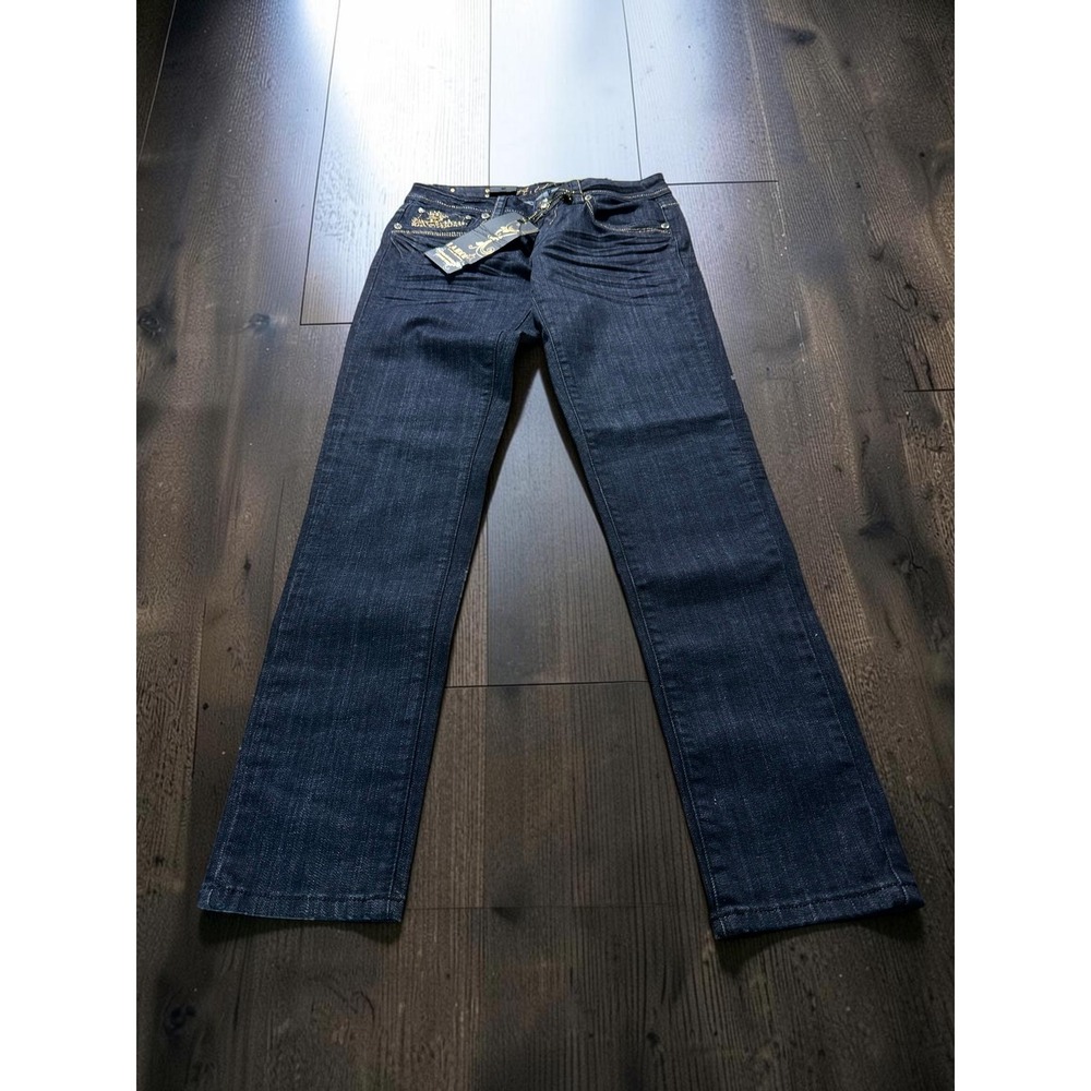 L.A. Idol Jeans USA Women 9 Dark Blue Embellished Wing Cross Y2K McBling Denim
